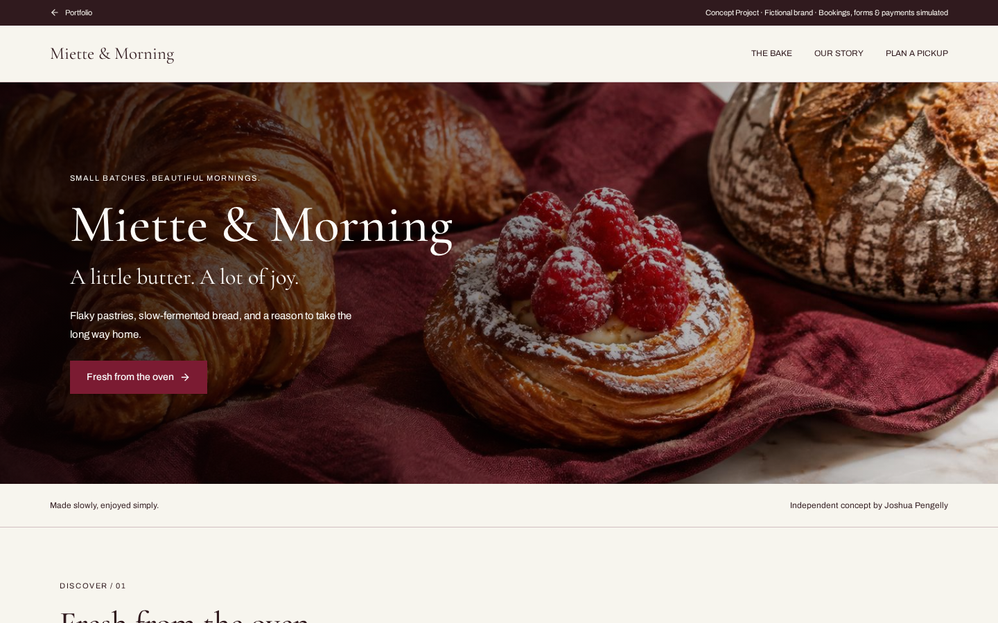 Actual desktop screenshot of Miette & Morning concept website