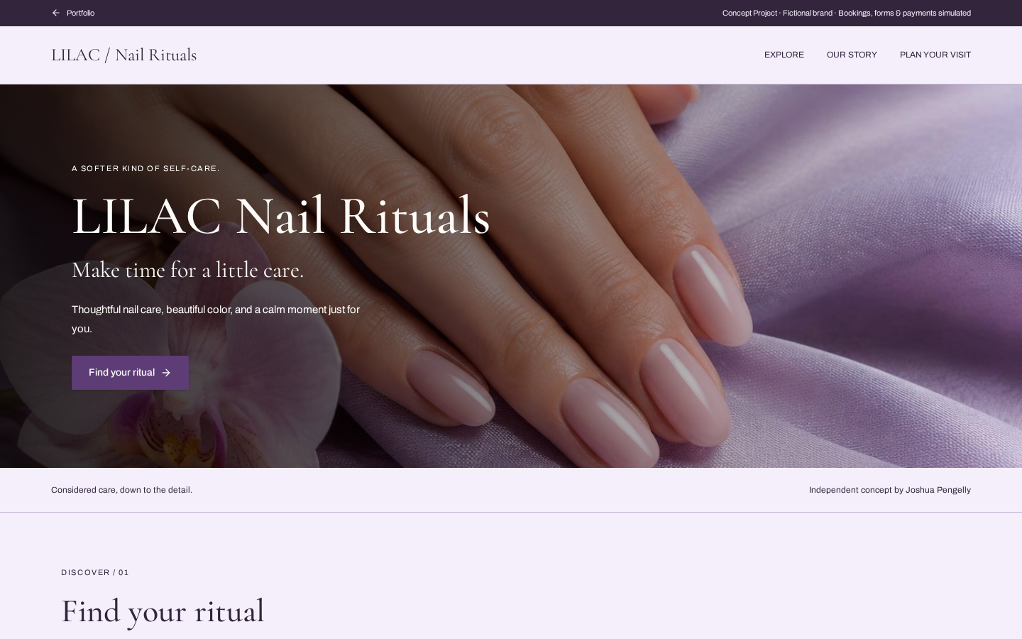 Actual desktop screenshot of LILAC / Nail Rituals concept website