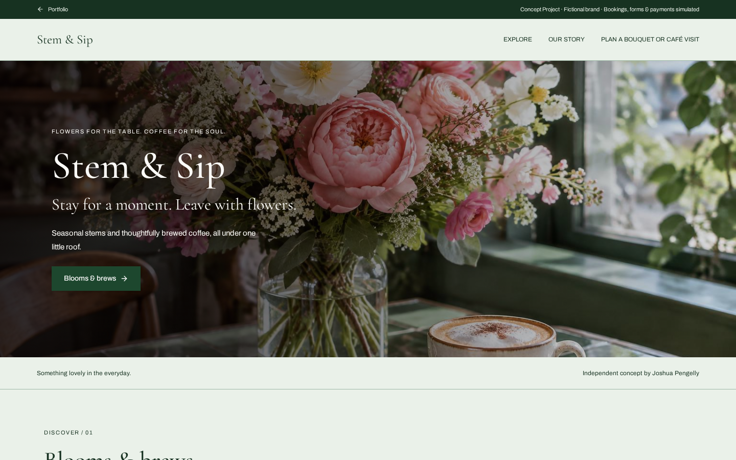 Actual desktop screenshot of Stem & Sip concept website