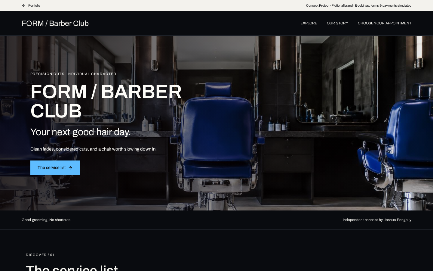 Actual desktop screenshot of FORM / Barber Club concept website