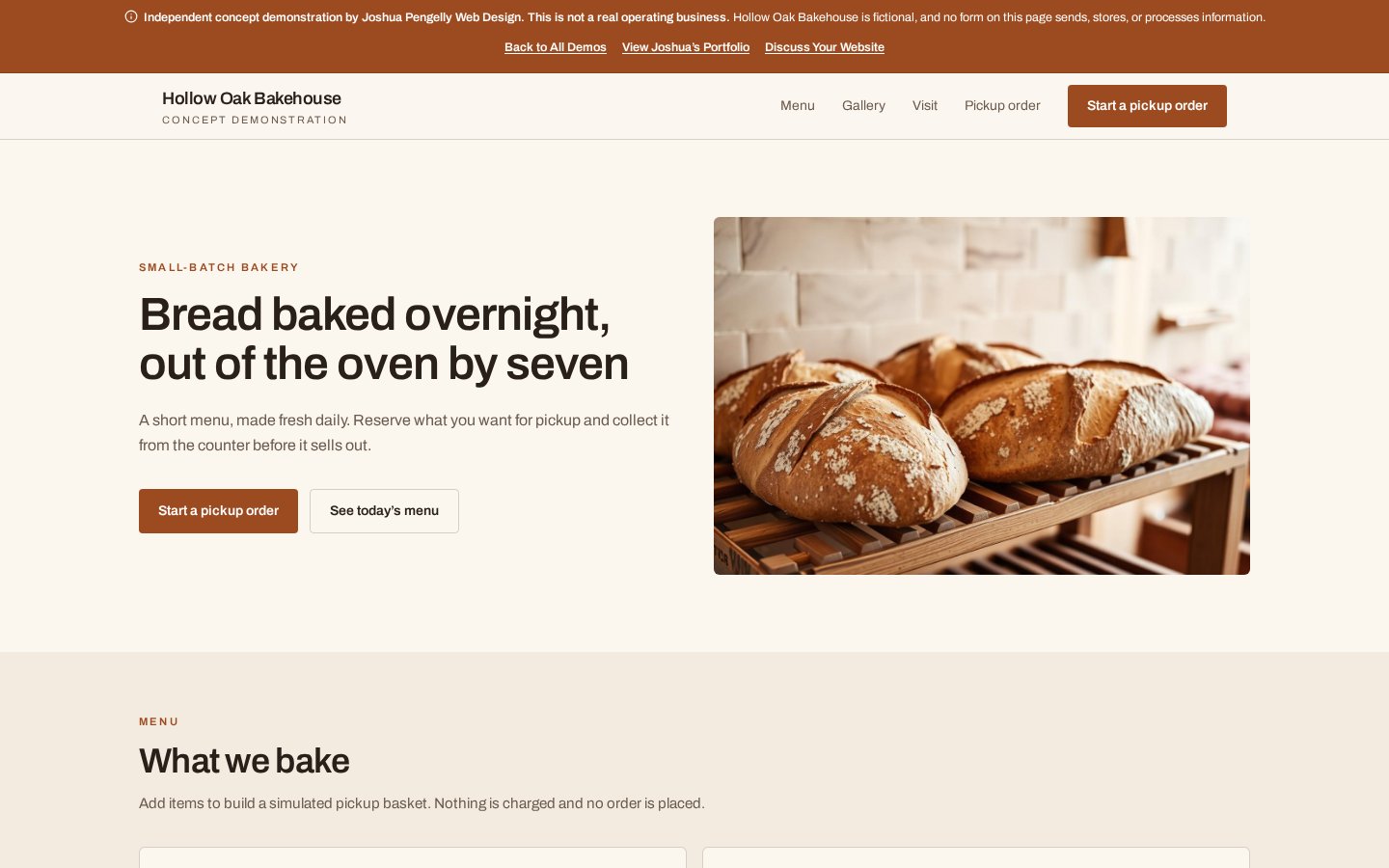 Screenshot of the artisan bakery concept demo homepage