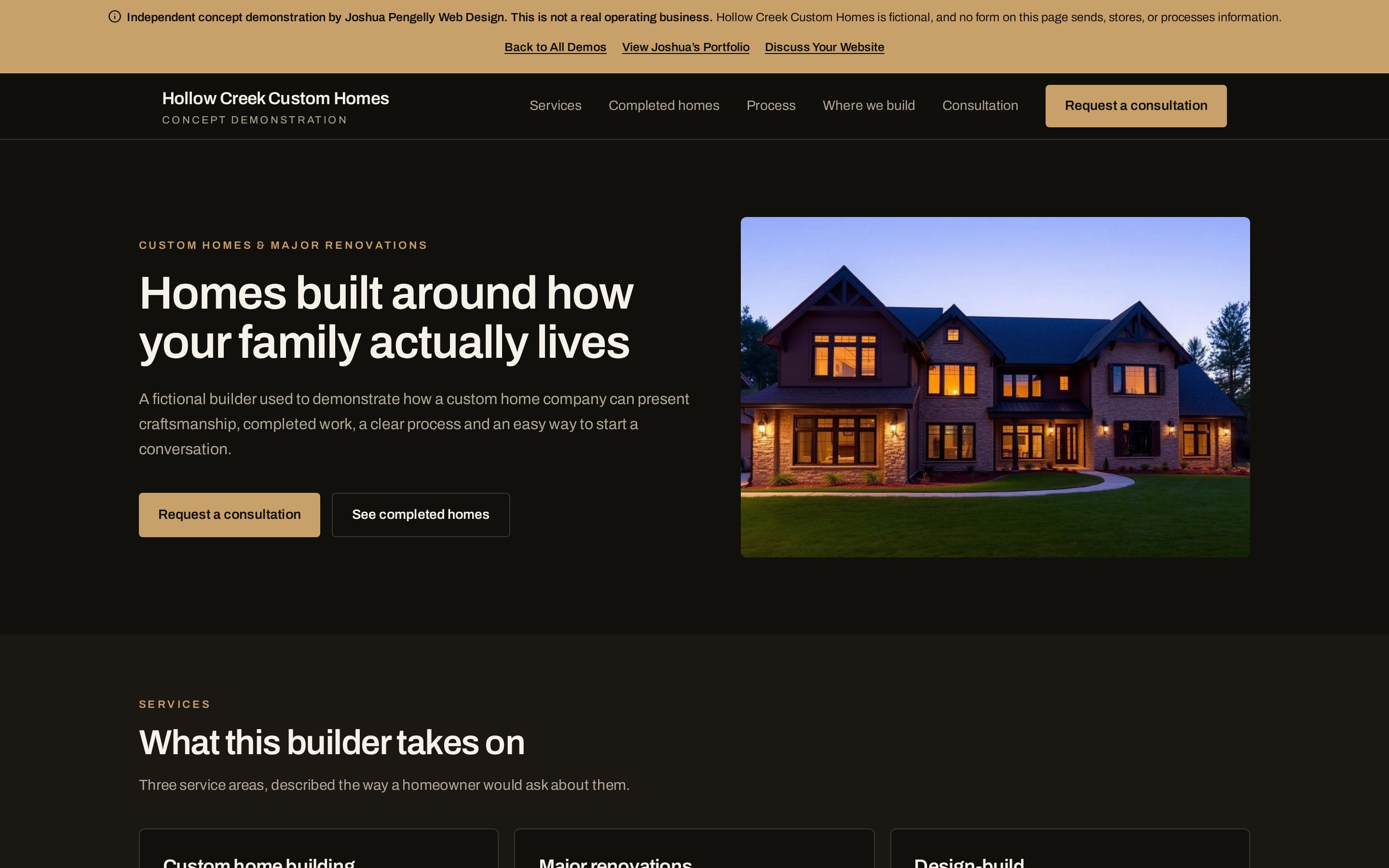 Screenshot of the Hollow Creek Custom Homes concept demo homepage