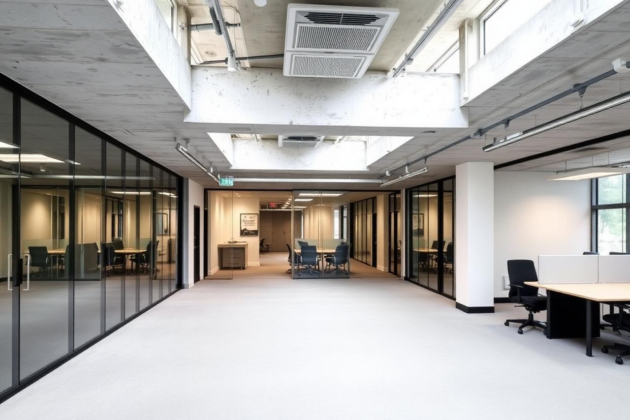 Completed open plan commercial office interior with glass partitions
