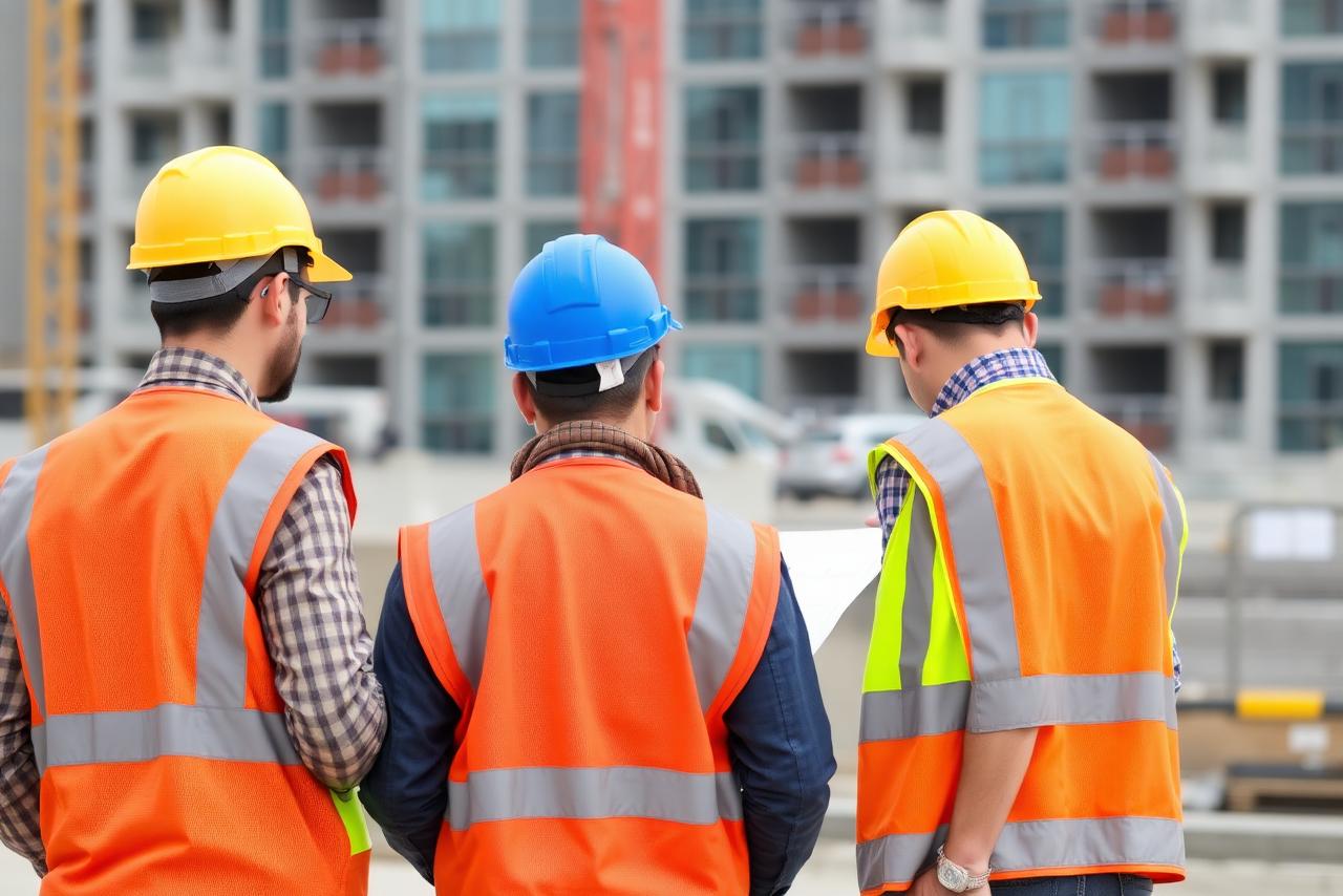 Construction team in hard hats and high-visibility vests reviewing drawings on site