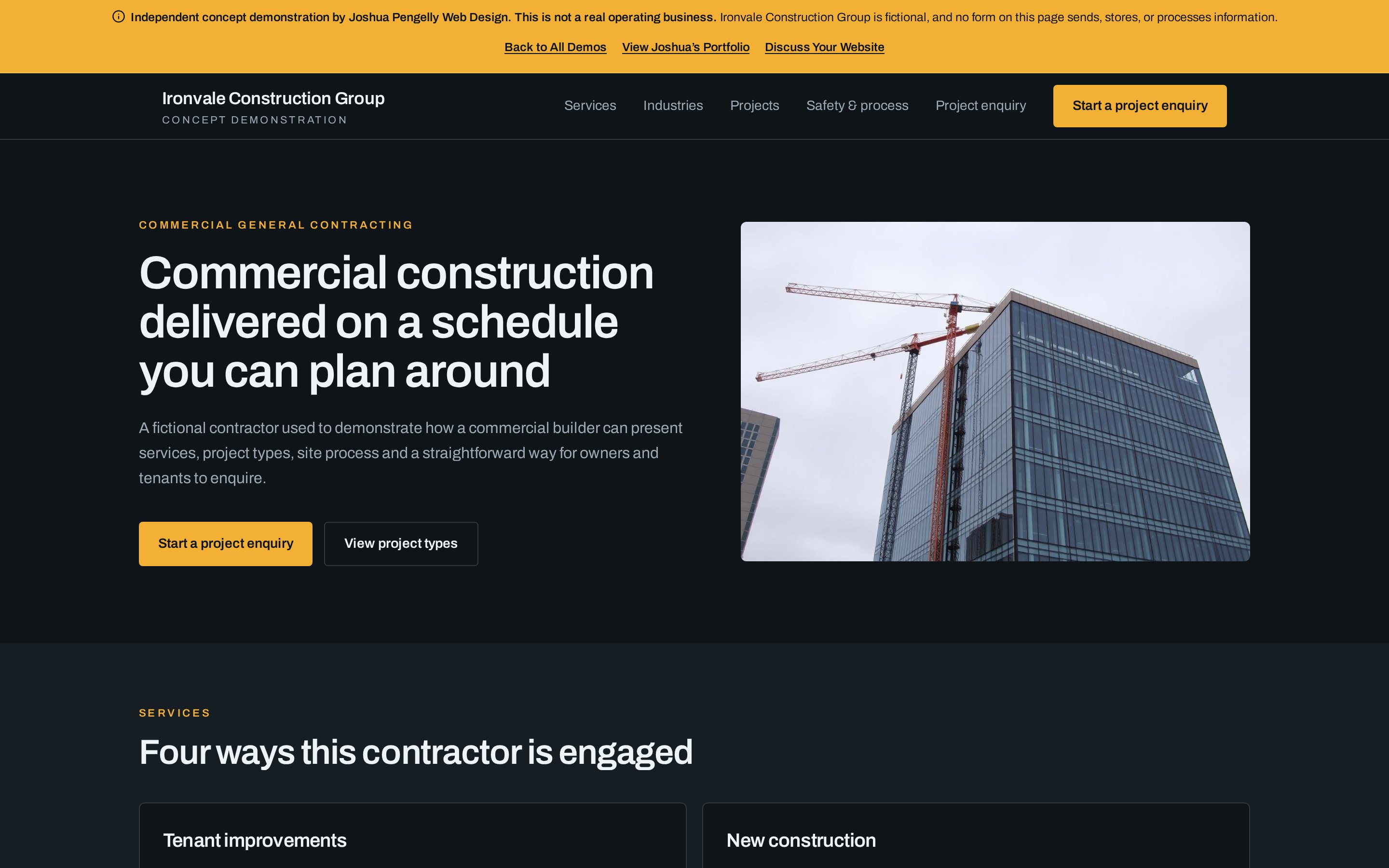 Screenshot of the Ironvale Construction Group concept demo homepage