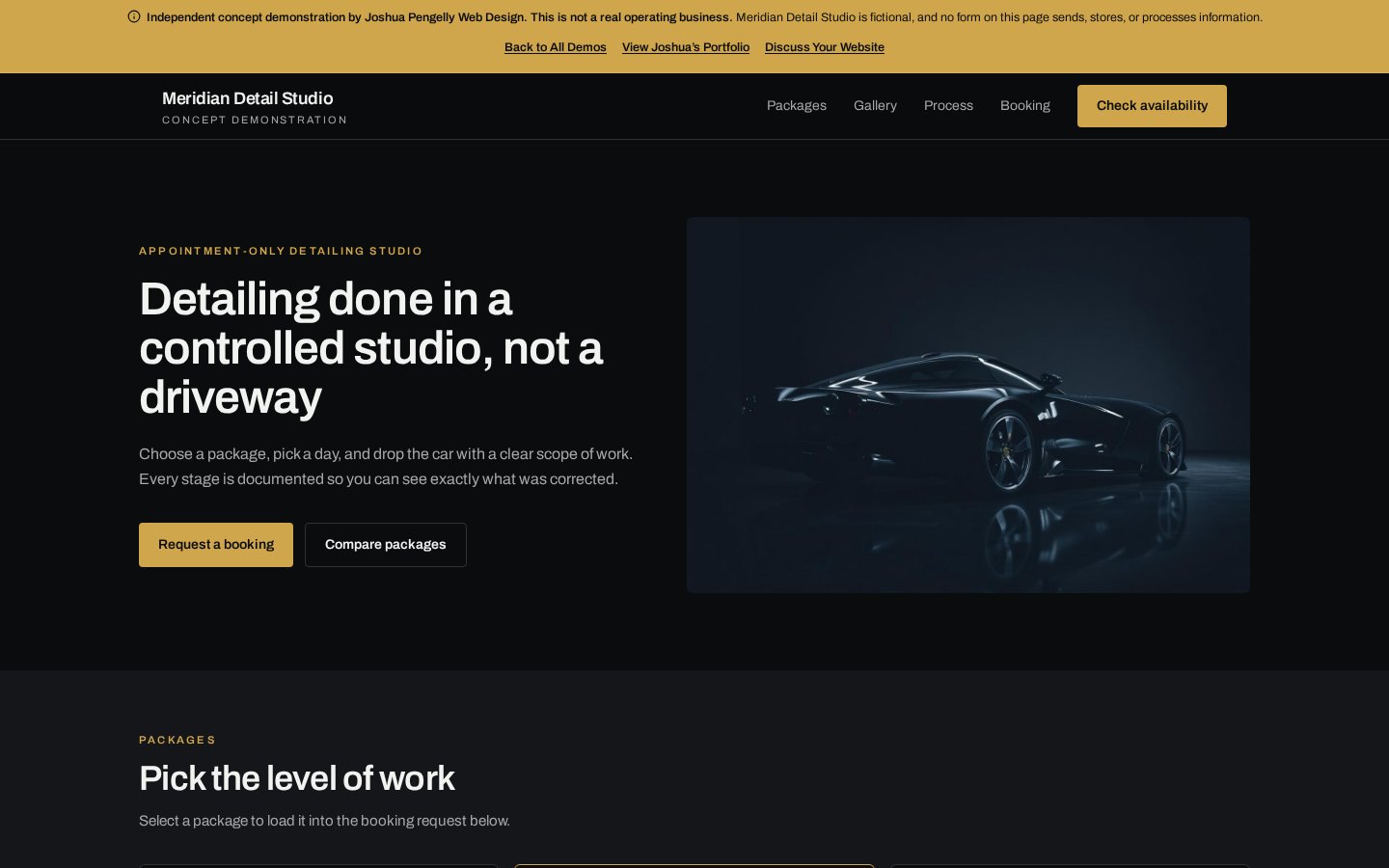 Screenshot of the Meridian Detail Studio concept demo homepage
