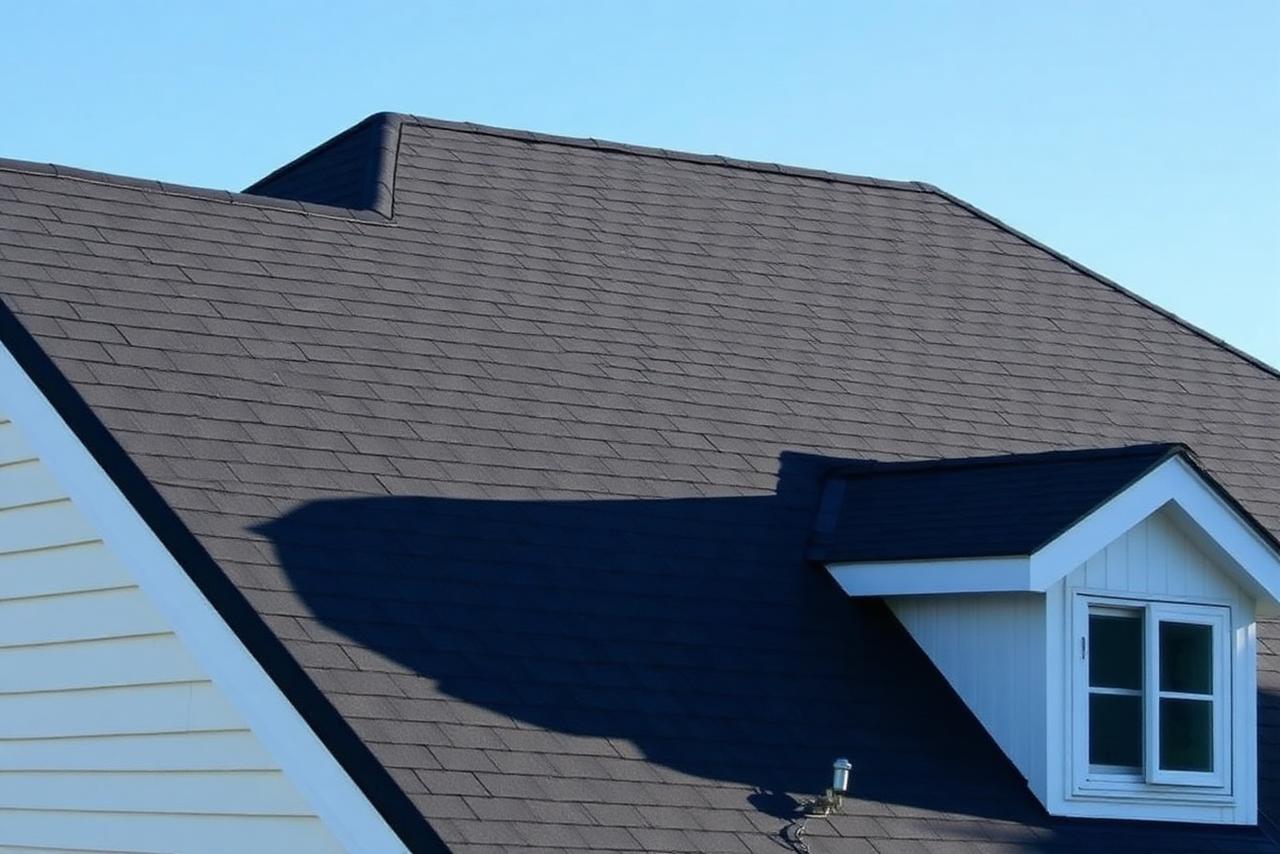 Newly installed dark architectural shingle roof on a residential home