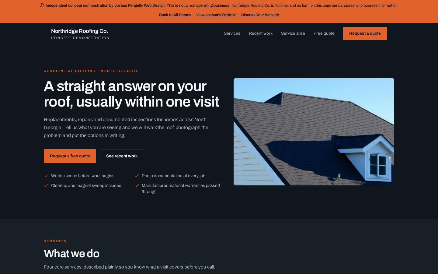 Screenshot of the roofing concept demo homepage