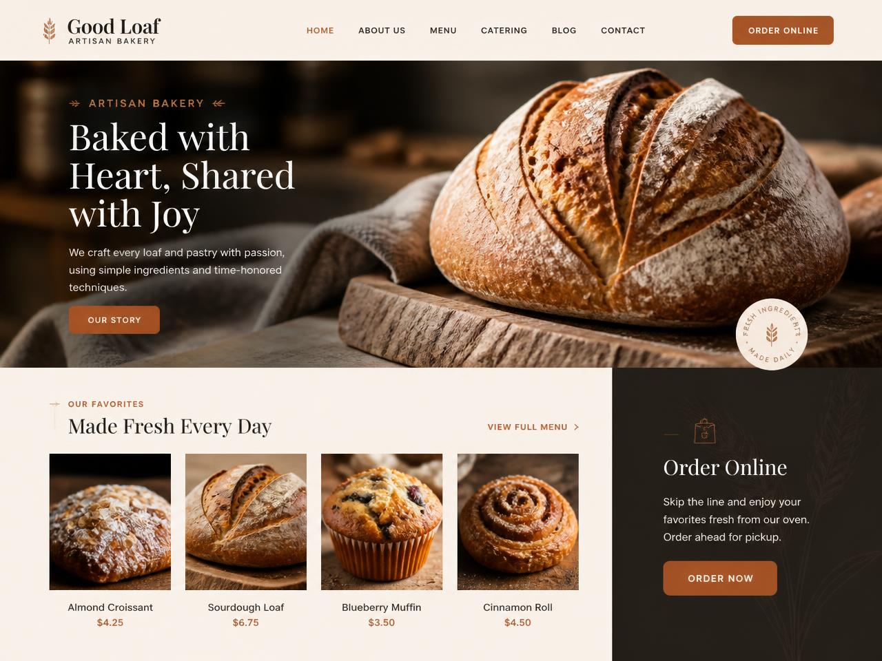 Artisan bakery website concept homepage showing a menu layout and ordering link