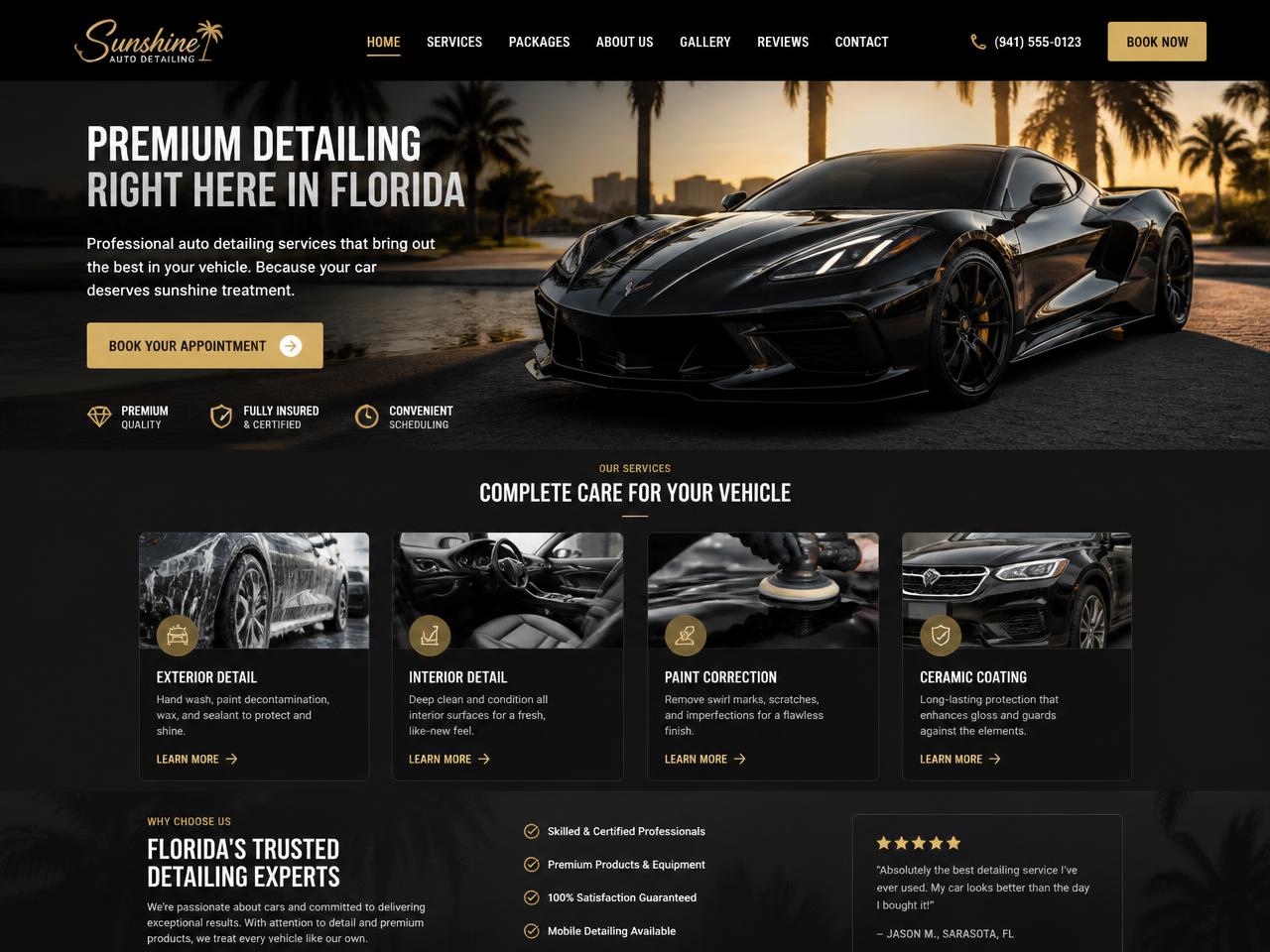 Auto detailing website concept homepage showing detailing packages and a booking call to action